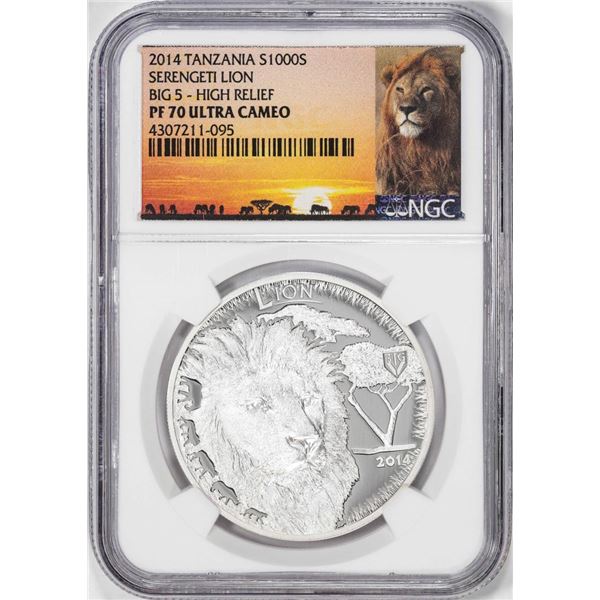 2014 Tanzania 1000 Shillings Serengeti Lion Big 5 HR Silver Coin NGC PF70 Ultra Cameo