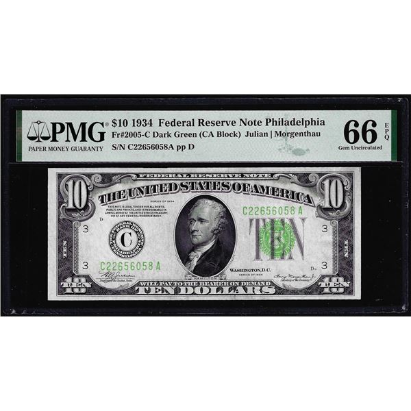 1934 $10 Federal Reserve Note Philadelphia Fr.2005-C PMG Gem Uncirculated 66EPQ