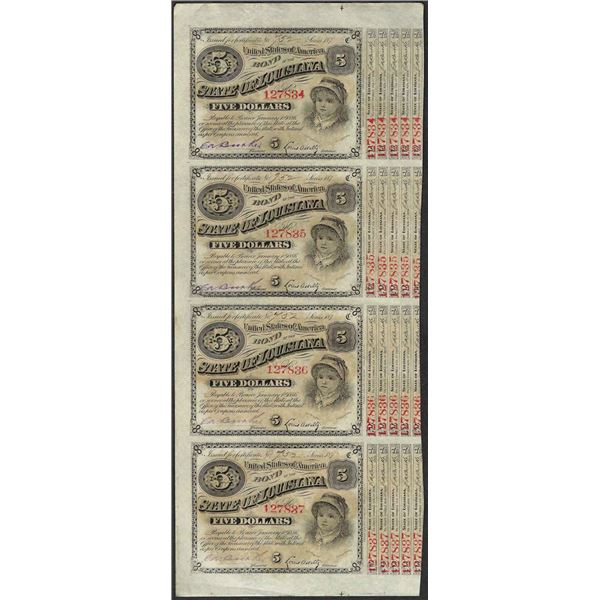 Uncut Sheet of (4) State of Louisiana Baby Bond Obsolete Notes