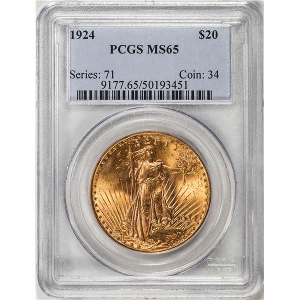 1924 $20 St. Gaudens Double Eagle Gold Coin PCGS MS65