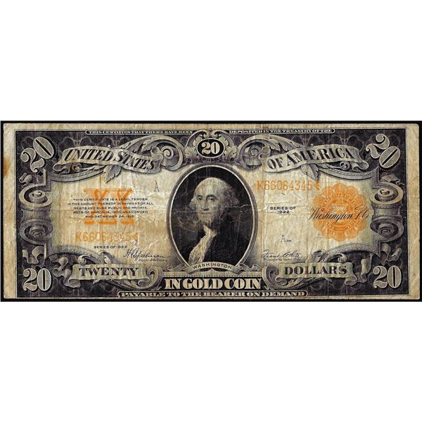 1922 $20 Gold Certificate Note