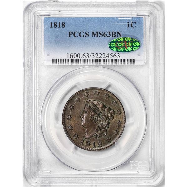 1818 Coronet Head Large Cent Coin PCGS MS63BN CAC