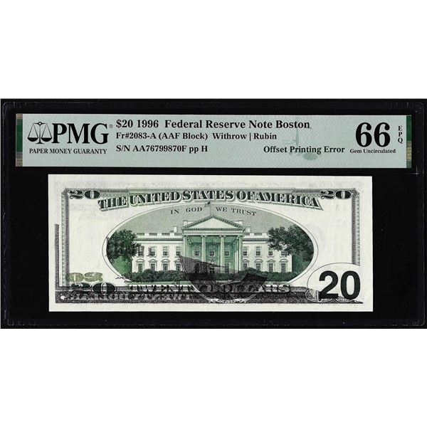 1996 $20 Federal Reserve Offset Printing Error Note Boston PMG Gem Uncirculated 66EPQ