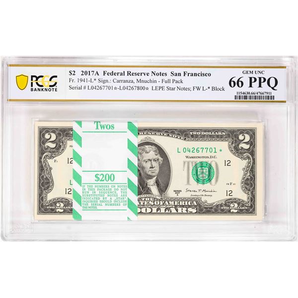 Pack 2017A $2 Federal Reserve STAR Notes SF Fr.1941-L* PCGS Gem Uncirculated 66PPQ