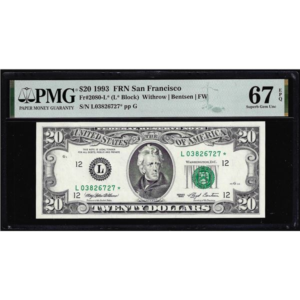 1993 $20 Federal Reserve Star Note San Francisco Fr.2080-L* PMG Superb Gem Unc 67EPQ