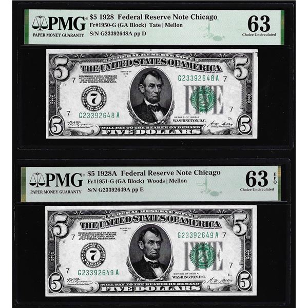 Changover Pair 1928/1928A $5 Federal Reserve Notes PMG Choice Uncirculated 63/63EPQ