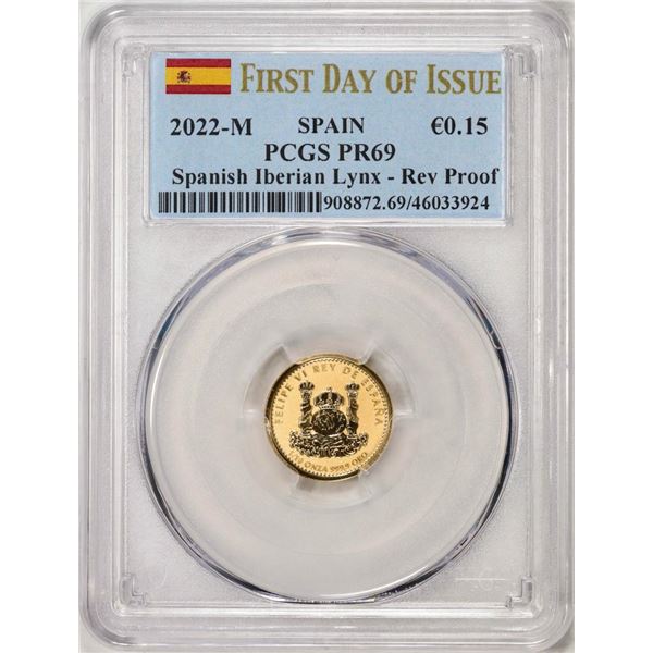 2022M Spain 15 Euro Cent Reverse Proof Lynx Gold Doubloon Coins PCGS PR69 FDOI