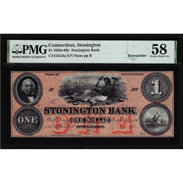 1850s-60s $1 Stonington Bank Connecticut Obsolete Note PMG Ch. About Uncirculated 58