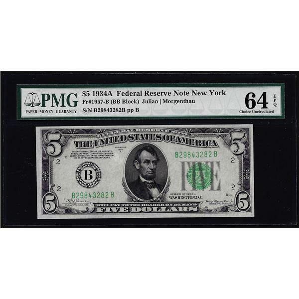 1934A $5 Federal Reserve Note New York Fr.1957-B PMG Choice Uncirculated 64EPQ