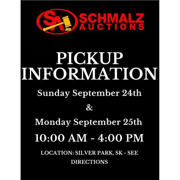 Pickup Times: Sunday September 24th 2023 (sale day) and Monday September 25th 2023 10:00am - 4:00pm