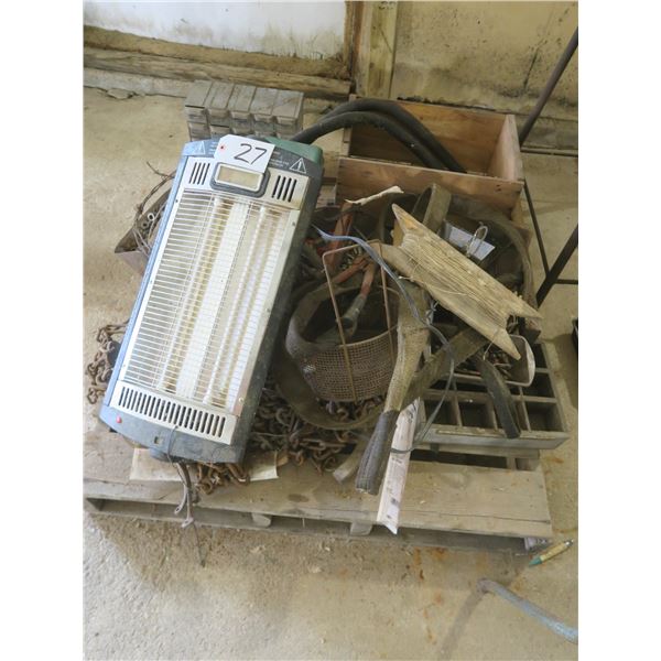 Pallet of assorted nuts, bolts, parts, chains, etc.