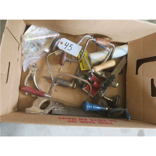 Box of Hand drills, hacksaws, etc.