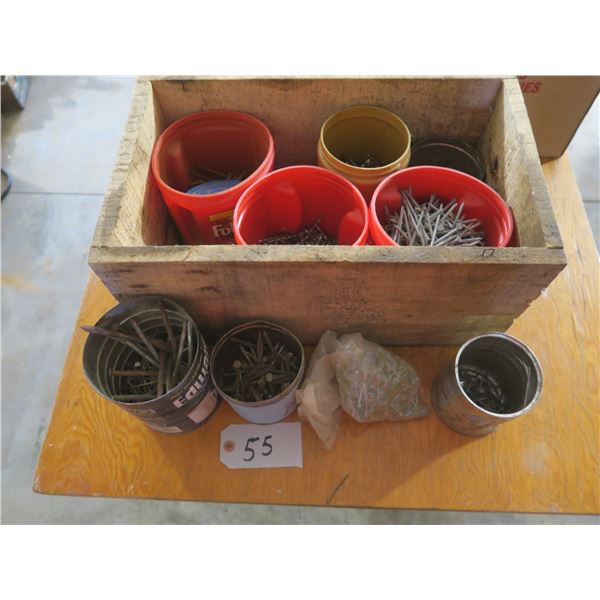 Wooden box of assorted nails