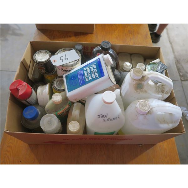 Box of assorted  fuels, paint removers, finishes, etc.