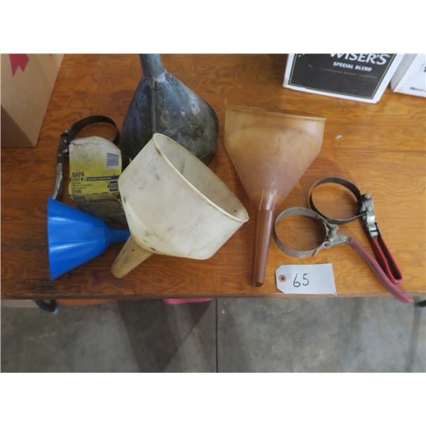 Box of Funnels, oil changing grips, & filter