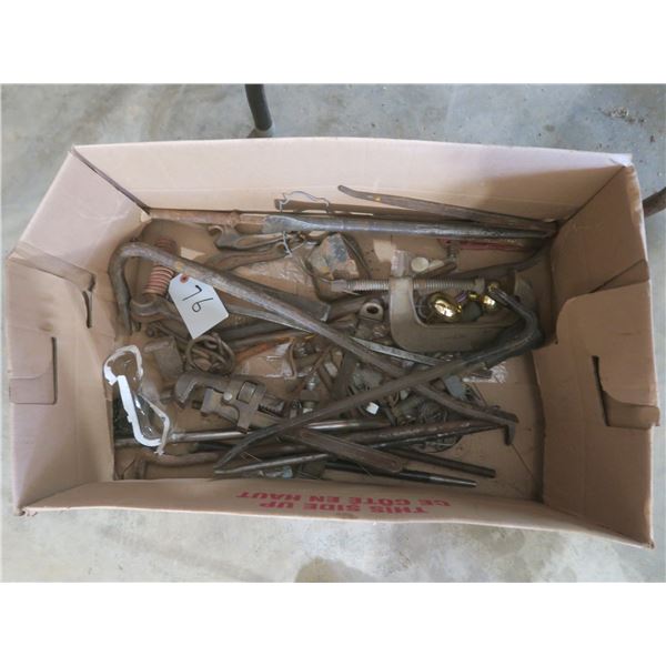 Box of misc. Pry bars, tools, etc.