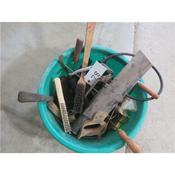 Plastic bin with assorted tools, saw, wire brushes, etc.
