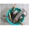 Image 1 : Plastic bin with assorted tools, saw, wire brushes, etc.