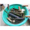Image 2 : Plastic bin with assorted tools, saw, wire brushes, etc.