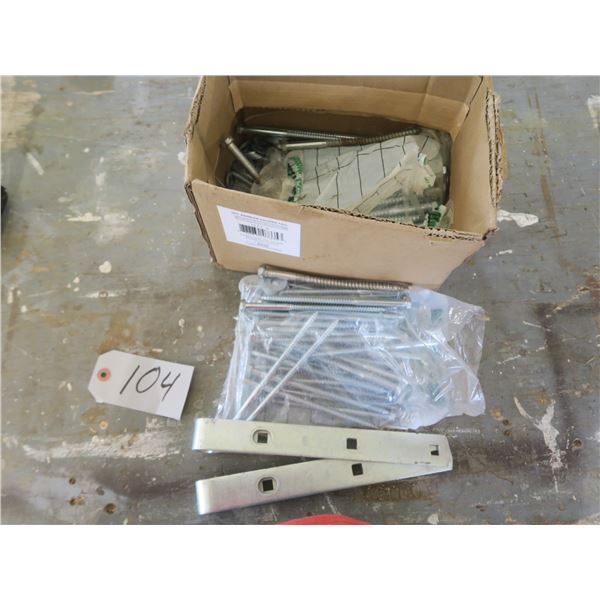 Box of Assorted Construction hardware (including: 6” Screw bolts & 10 Hinge brackets)