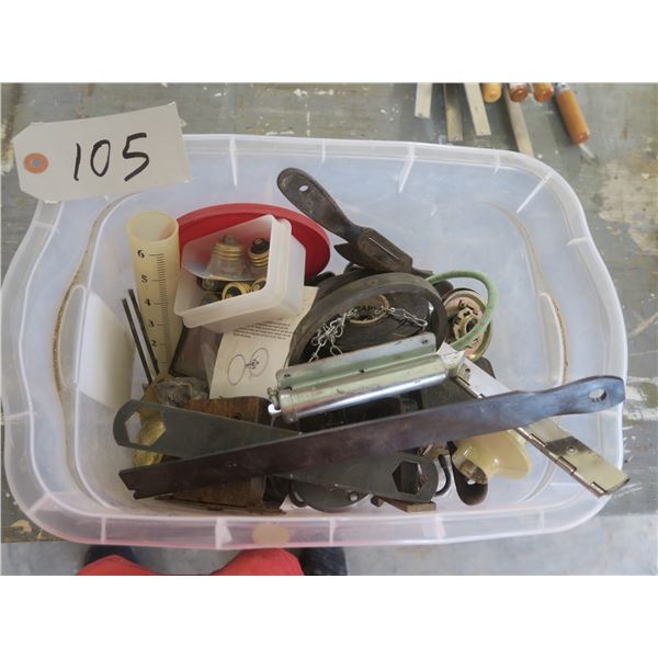 Box of assorted hardware, parts, tools, etc.