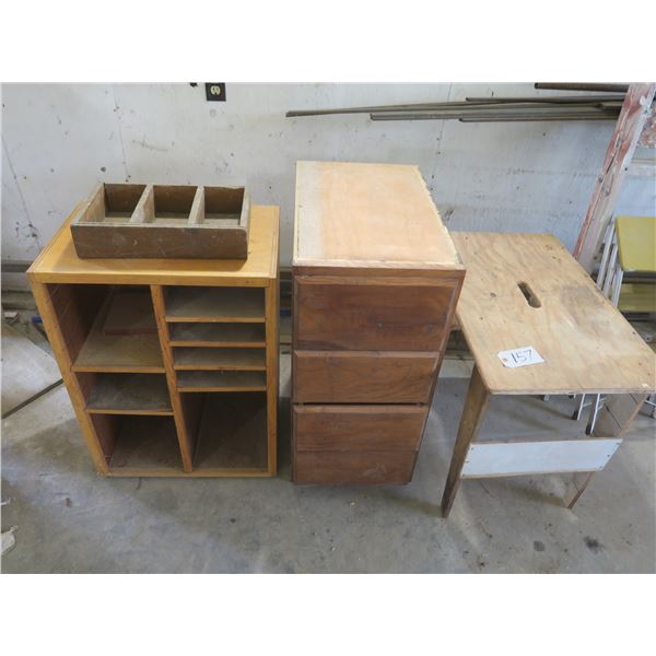 Wooden Furniture lot: Work Bench, Cabinet, Shelving unit, Hanging shelf