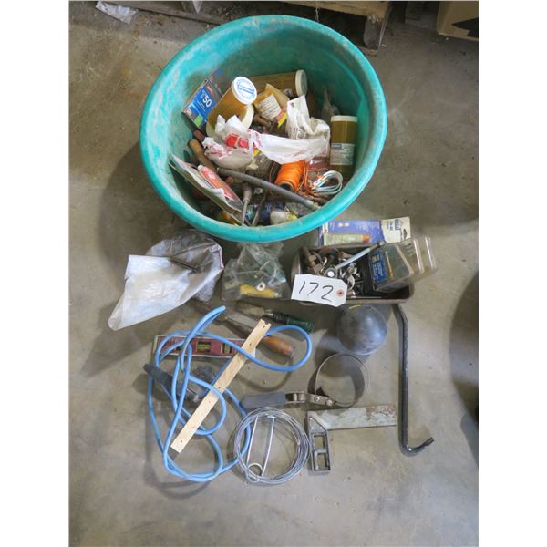 Box of assorted Nuts, bolts, screws, metal parts, tools etc.