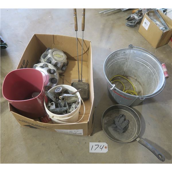 Lot of Assorted metal hinges, Camping sandwich cooker, 3 Chevrolet hub caps, galvanized bucket, etc.