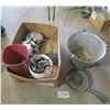 Image 1 : Lot of Assorted metal hinges, Camping sandwich cooker, 3 Chevrolet hub caps, galvanized bucket, etc.