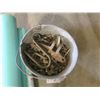 Image 2 : Lot of hose, sewer piping, & bucket of assorted metal parts, bolts, etc.