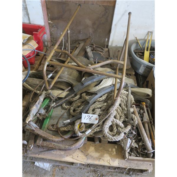 Pallet of misc. Items: Rope, metal parts, straps, vintage metal walker, etc.