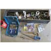 Image 1 : Wooden box of with contents: Assorted clamps, nuts/bolts, metal Makita case, 3 hand saws, etc.