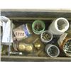 Image 7 : Wooden box of with contents: Assorted clamps, nuts/bolts, metal Makita case, 3 hand saws, etc.