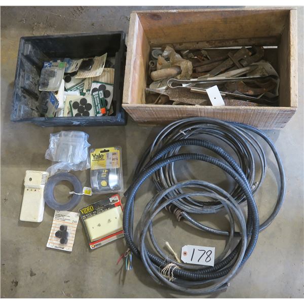 Wooden box & plastic box with assorted metal parts, tools, tubs/hoes & various new hardware: deadbol