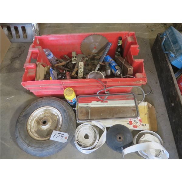Large plastic bin with assorted parts & tools: Wheel barrow wheel, saw blade, straps, automotive mir
