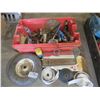 Image 1 : Large plastic bin with assorted parts & tools: Wheel barrow wheel, saw blade, straps, automotive mir