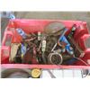 Image 5 : Large plastic bin with assorted parts & tools: Wheel barrow wheel, saw blade, straps, automotive mir