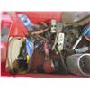 Image 6 : Large plastic bin with assorted parts & tools: Wheel barrow wheel, saw blade, straps, automotive mir