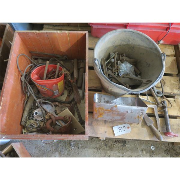 Wooden box & Feeding bucket with contents: Assorted metal tools, parts, misc.
