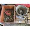 Image 1 : Wooden box & Feeding bucket with contents: Assorted metal tools, parts, misc.