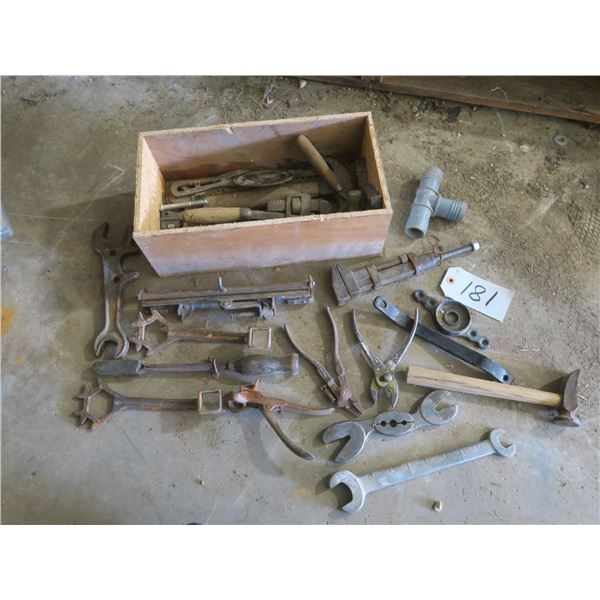 Wooden Box with assorted metal tools, parts, etc.