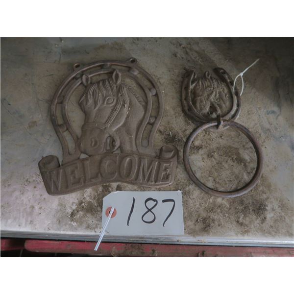 Cast metal welcome sign with horse & cast door knocker with horse