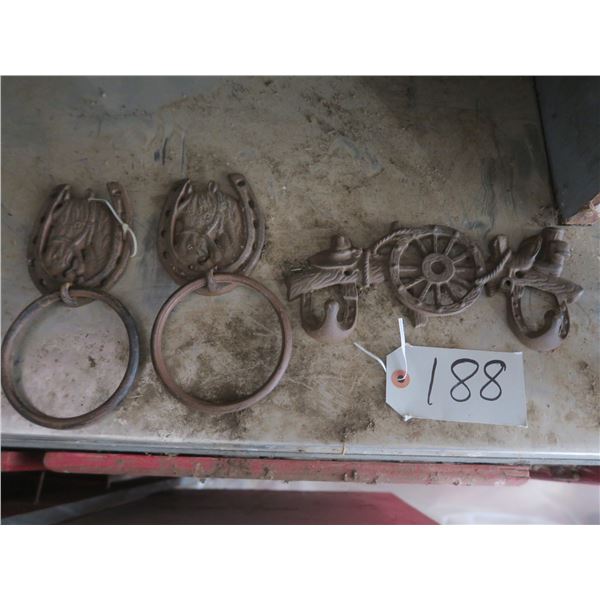 2 cast horse door knockers & 1 cast western theme coat hanger