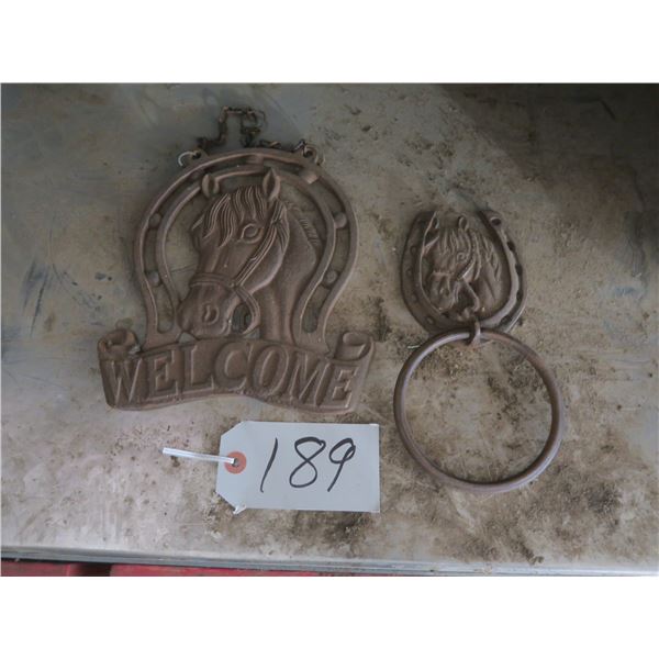 Cast metal welcome sign with horse & cast door knocker with horse