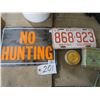 Image 1 : Lot of Collectibles: 1972 BC license plate, 2 tobacco tins, & “No Hunting” sign