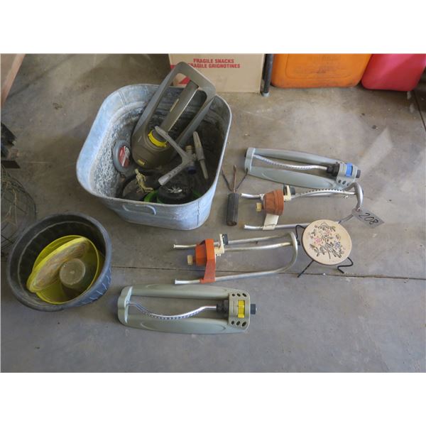 Lot of 18”x 18”x 12” Galvanized  bin with assorted lawn sprinklers etc.