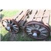 Image 5 : Pair of Antique axles with Metal & wood wheels 60” long & 19.5” diameter