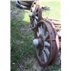 Image 6 : Pair of Antique axles with Metal & wood wheels 60” long & 19.5” diameter