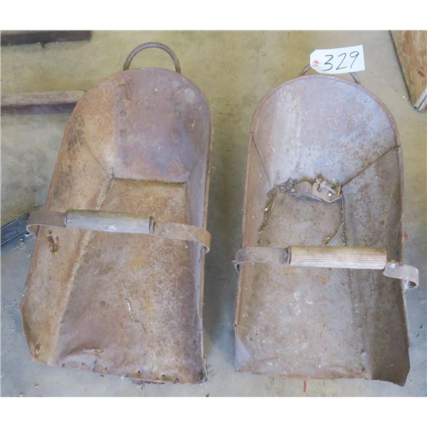 2 metal feed shovel bins