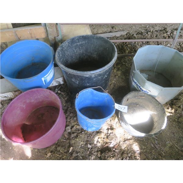 6 livestock feed buckets (2ft diameter x 14"High = largest, 14" diameter x 11" high = smallest)
